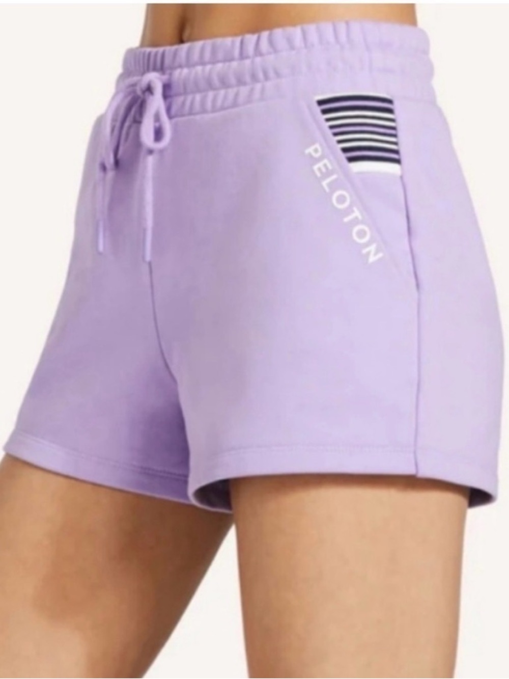 Peloton Lavender Drawstring Athletic Shorts with Striped Pocket Detail